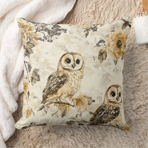 Vintage Beige Owl Botanical Woodland Pattern Cushion