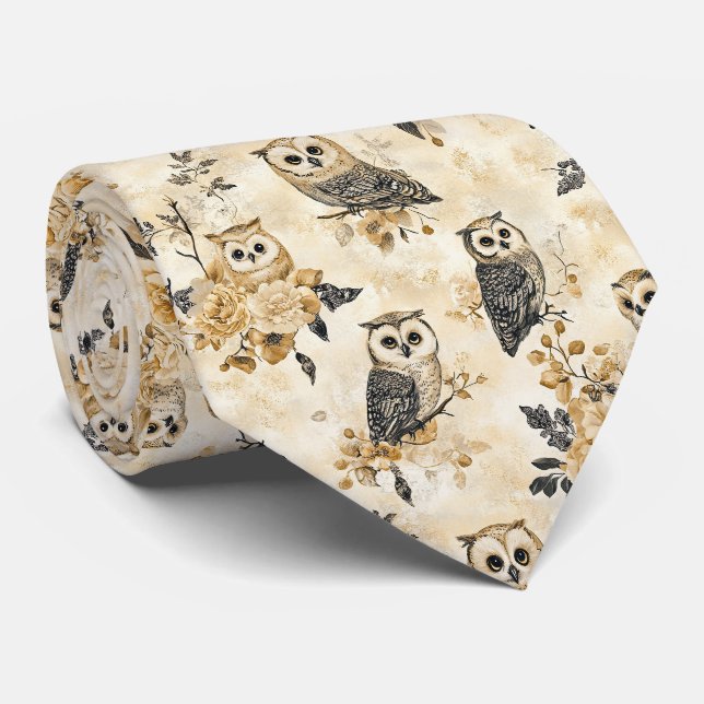Vintage Beige Owl Botanical Woodland Pattern Tie (Rolled)