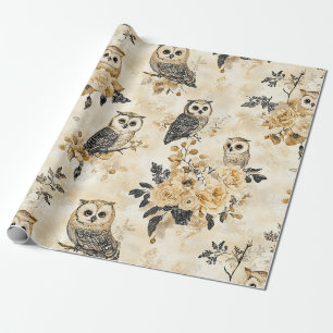 Vintage Beige Owl Botanical Woodland Pattern Wrapping Paper