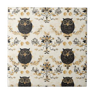 Vintage Beige Owl Nature Pattern Ceramic Tile