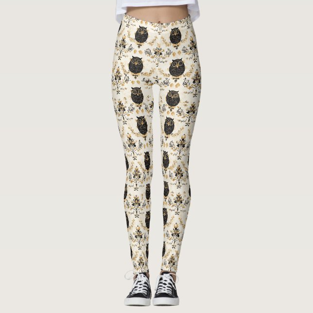 Vintage Beige Owl Nature Pattern Leggings (Front)