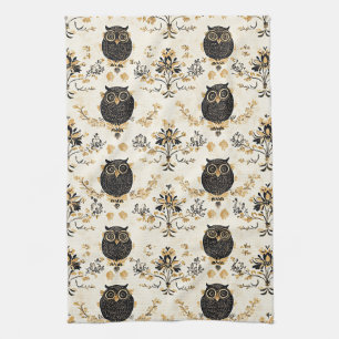 Vintage Beige Owl Nature Pattern Tea Towel