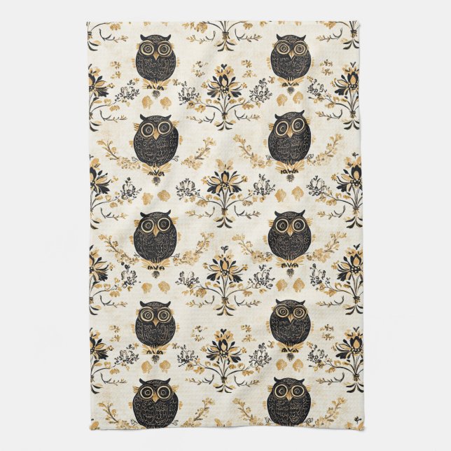 Vintage Beige Owl Nature Pattern Tea Towel (Vertical)