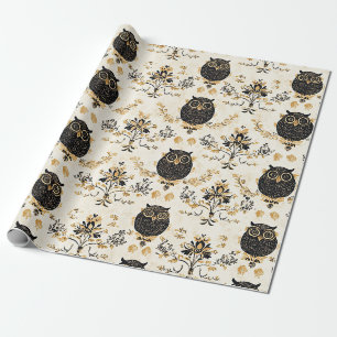 Vintage Beige Owl Nature Pattern Wrapping Paper