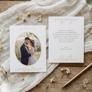 Vintage Beige Tan French Floral Wedding Photo Thank You Card