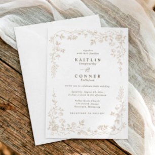 Vintage Beige Tan Lace French Floral Wedding Invitation