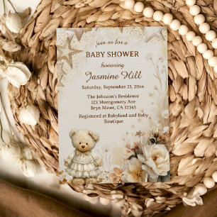 Vintage Beige Teddy Bear Baby Shower Invitation