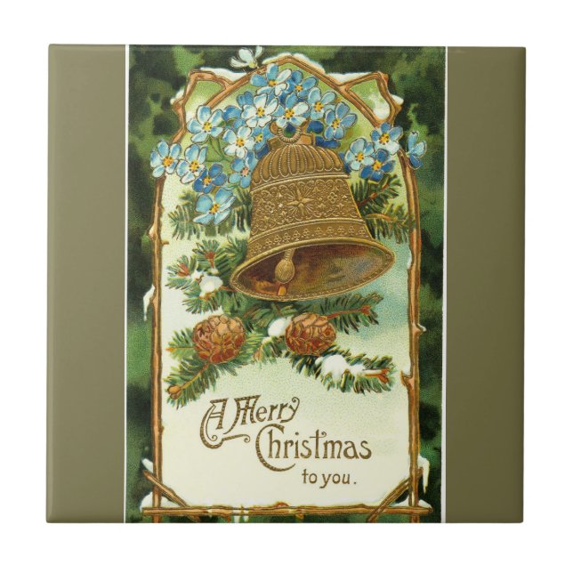 Vintage Bell and Pinecones Merry Christmas Ceramic Tile (Front)