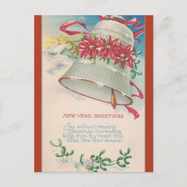 Vintage Bell and Poinsettias New Year Postcard (Front)