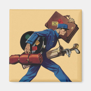 Vintage Bellhop in Uniform, Suitcase and Golf Club Magnet