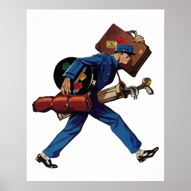 Vintage Bellhop in Uniform, Suitcase and Golf Club Poster (Front)