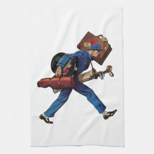 Vintage Bellhop in Uniform, Suitcase and Golf Club Tea Towel