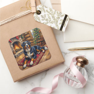 Vintage Bernese Mountain Dog Cosy Christmas Cabin  Square Sticker