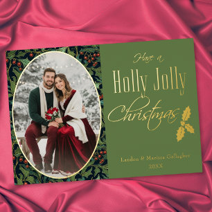 Vintage Berry Green Holly Jolly Christmas Foil Holiday Card