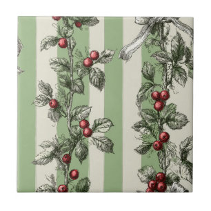Vintage Berry Vine & Ribbon Botanical Stripe (1) Ceramic Tile