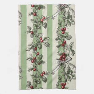 Vintage Berry Vine & Ribbon Botanical Stripe (1) Tea Towel
