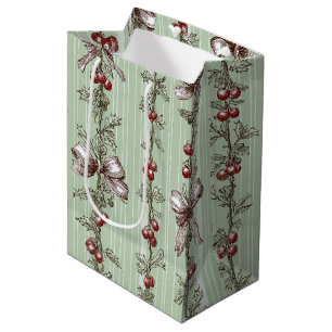 Vintage Berry Vine & Ribbon Botanical Stripe (2) Medium Gift Bag