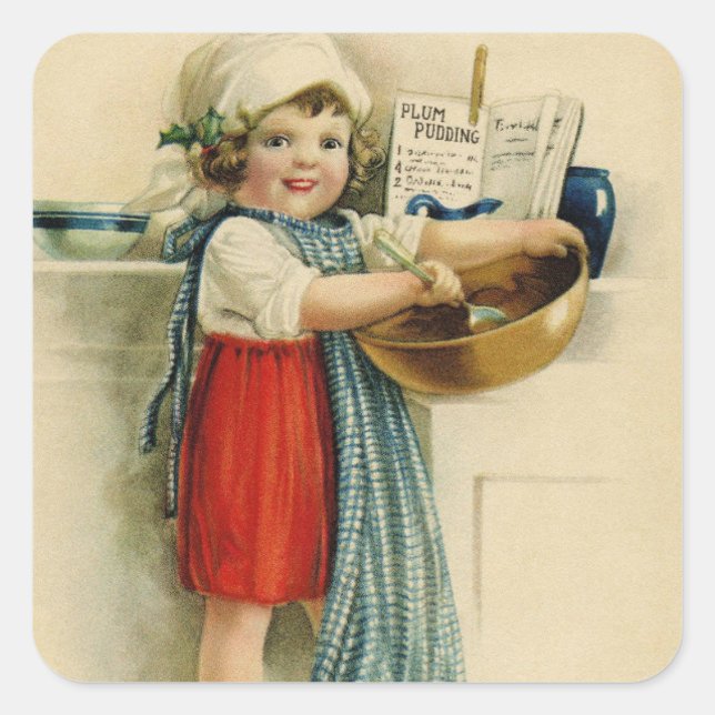 Vintage Best Christmas Wishes Baking Girl Square Sticker (Front)