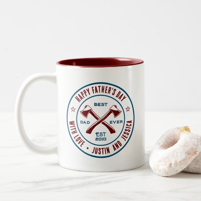 Vintage Best Dad Ever Personalised Name Axe Logo Two-Tone Coffee Mug (With Donut)