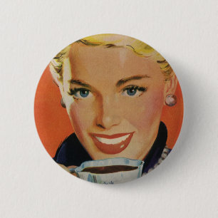 Vintage Beverages, Happy Woman with Cup of Coffee 6 Cm Round Badge