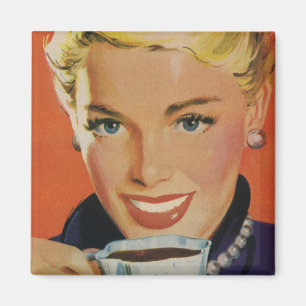 Vintage Beverages, Happy Woman with Cup of Coffee Magnet