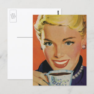 Vintage Beverages, Happy Woman with Cup of Coffee Postcard
