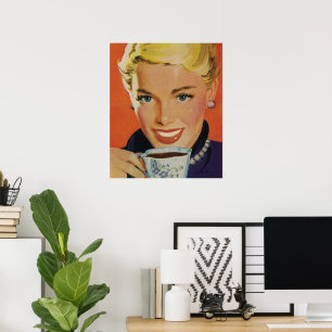 Vintage Beverages, Happy Woman with Cup of Coffee Poster