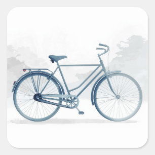 Vintage Bicycle Art in White & Blue Square Sticker