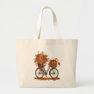 Vintage Bicycle & Autumn Harvest Watercolor Flower Large Tote Bag