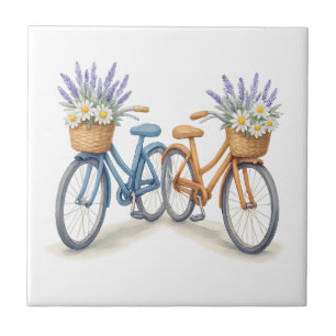 Vintage Bicycle Bikes with Lavender Daisy Baskets Ceramic Tile