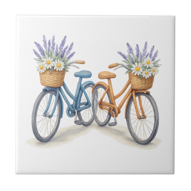 Vintage Bicycle Bikes with Lavender Daisy Baskets Ceramic Tile (Front)