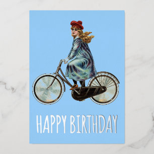 Vintage Bicycle girl - Birthday Foil Holiday Card