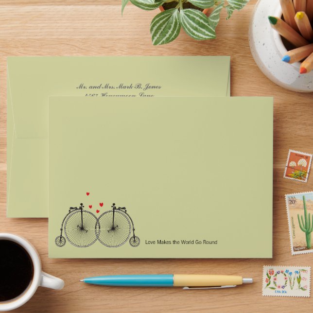 Vintage Bicycle Love Wedding Invitation Envelopes (Desk)