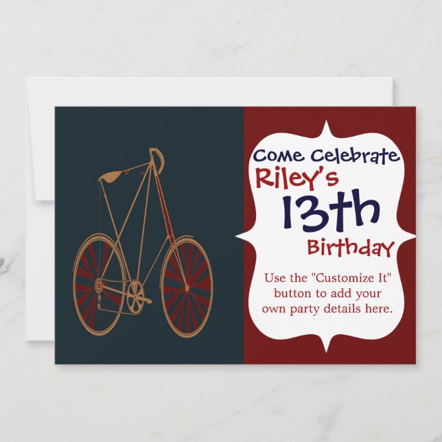 Vintage Bicycle Old School Blue Red Bike Invitation (Front)