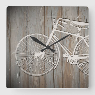 Vintage Bicycle on Rustic Wooden Board Wall Art Square Wall Clock