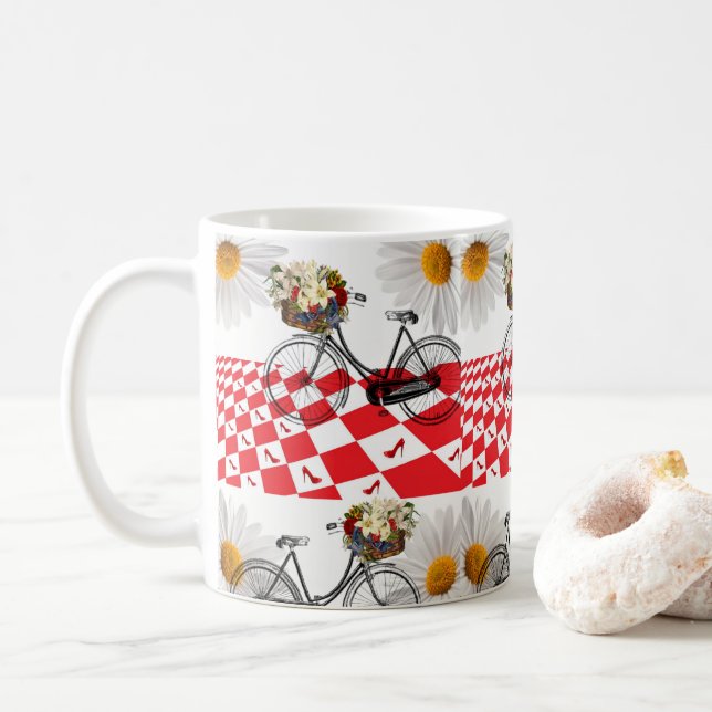 Vintage Bicycle Red Chequered Mug (With Donut)