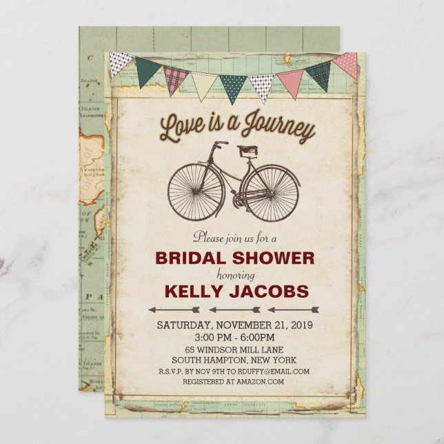 Vintage Bicycle Travel Bridal Shower Invitation (Front/Back)