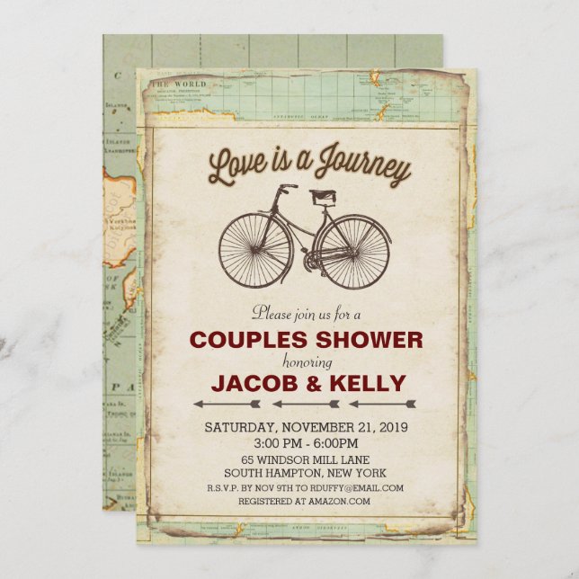 Vintage Bicycle Travel Couples Shower Invitation (Front/Back)