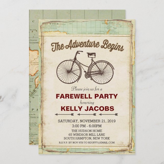 Vintage Bicycle Travel Farewell Party Invitation (Front/Back)