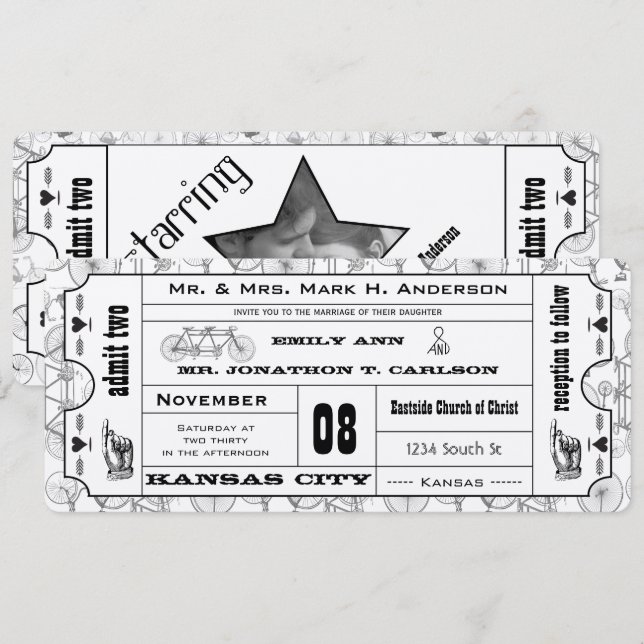 Vintage Bicycle Typography Ticket Wedding Invitation (Front/Back)