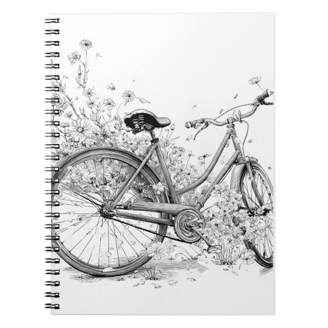 Vintage Bicycle Wildflower Ink Drawing Notebook (Front)