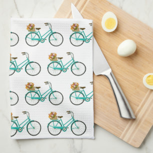 Vintage Bicycle with Flower Basket Art Kitchen Tea Towel