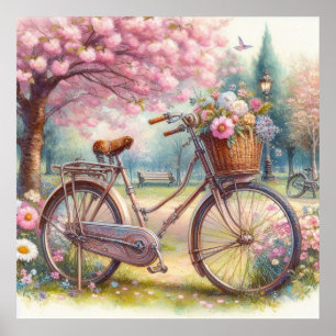 Vintage bicycle with flowers in a park watercolor  poster