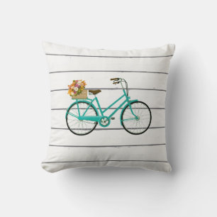 Vintage Bicycle with Flowers Turquoise Pillow