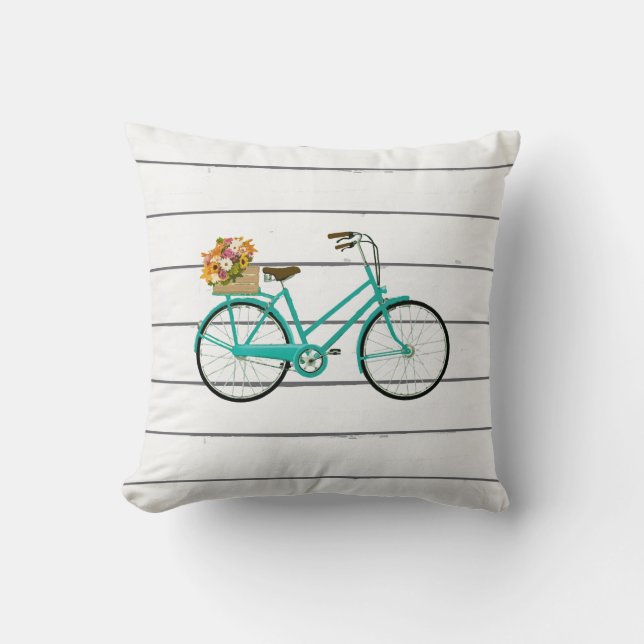 Vintage Bicycle with Flowers Turquoise Pillow (Front)