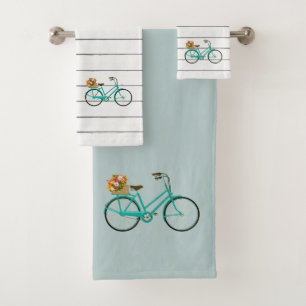 Vintage Bicycle with Flowers Turquoise Towel Set