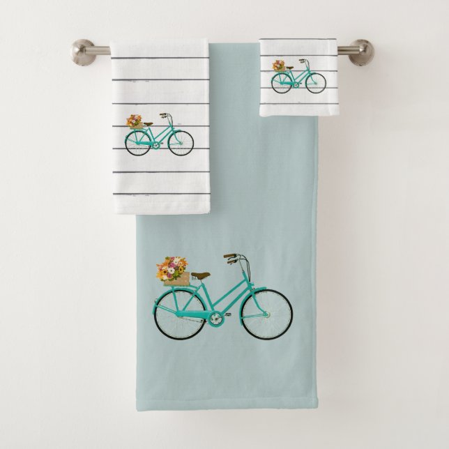 Vintage Bicycle with Flowers Turquoise Towel Set (Insitu)