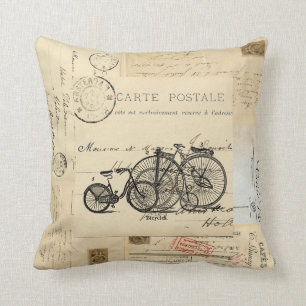 Vintage Bicycles French Postcard Pillow