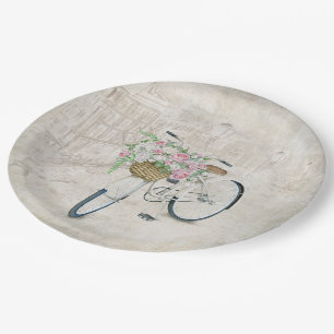 Vintage bicycles with roses basket paper plate