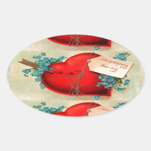 Vintage Big Red Bleeding Heart Valentine Postcard Oval Sticker